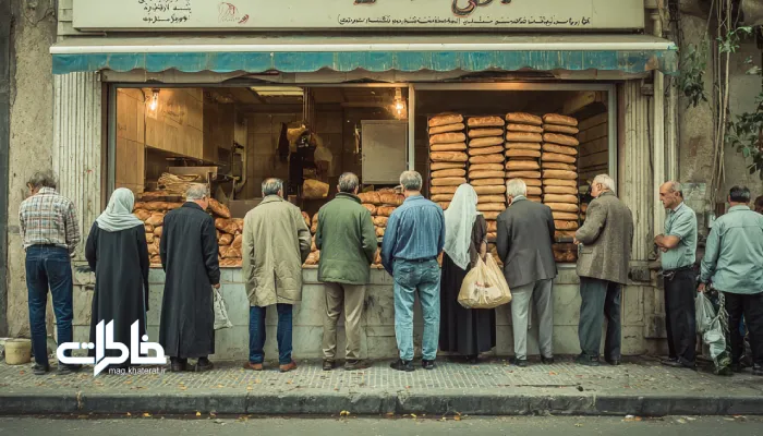 نمای صبحگاهی نانوایی سنگکی محله با صف کوتاه و بخار تنور – نوستالژی صف نانوایی