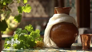 کوزه آب خنک با سطح نم‌دار در سایهٔ حیاط خانهٔ ایرانی