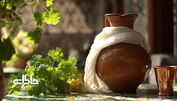 کوزه آب خنک با سطح نم‌دار در سایهٔ حیاط خانهٔ ایرانی
