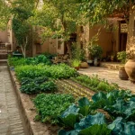 باغچه های قدیمی ایرانی با سبزی کاری و گل و گیاه و درختان سرسبز.
