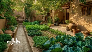 باغچه های قدیمی ایرانی با سبزی کاری و گل و گیاه و درختان سرسبز.