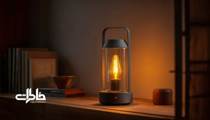 لامپ کهربایی درون فانوس مدرن با نوری گرم و آرام؛ ترکیبی ایمن از نوستالژی چراغ نفتی و فناوری امروزی در فضای خانه ایرانی.