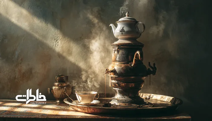 سماور ذغالی بر سینی چرخی با بخار ملایم و قوری لعابی. استکان کمرباریک