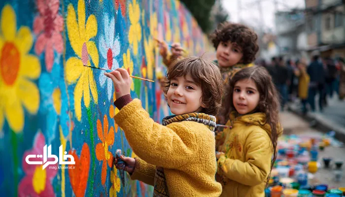 نقاشی کودکان روی دیوار مهربانی