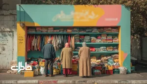 صحنه واقعی و رنگارنگ از اهدای لباس تمیز توسط خانم‌ها و آقایان خوش‌پوش ایرانی در کنار دیوار مهربانی با نور خنک و فضای شهری تهران