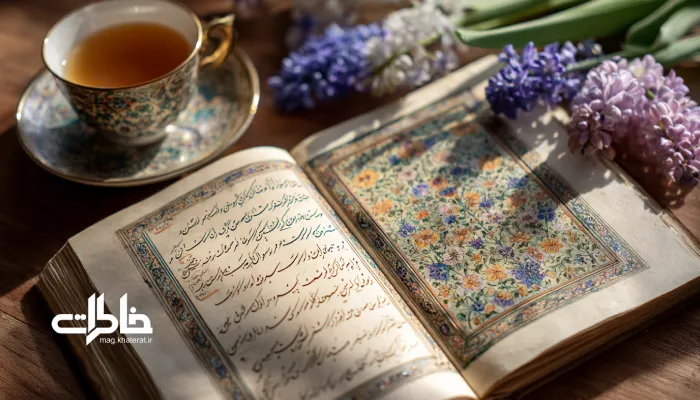 صفحهای از دیوان حافظ با غزل بهاری در خط نستعلیق، زیر نور طبیعی و در کنار فنجان چای؛ جلوهای از بهار و ادبیات فارسی. سبزه در شهر