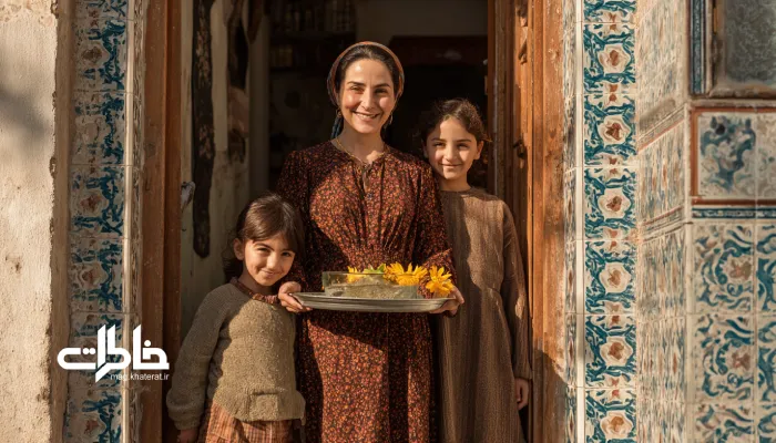 بدرقه خانوادگی ایرانی در آستانه در، با سینی حاوی کاسه آب و گل.کاسه آب پشت سر مسافر