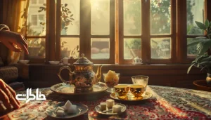 چای در خانه مادربزرگ با سماور قدیمی، استکان کمرباریک و نور گرم عصرگاهی