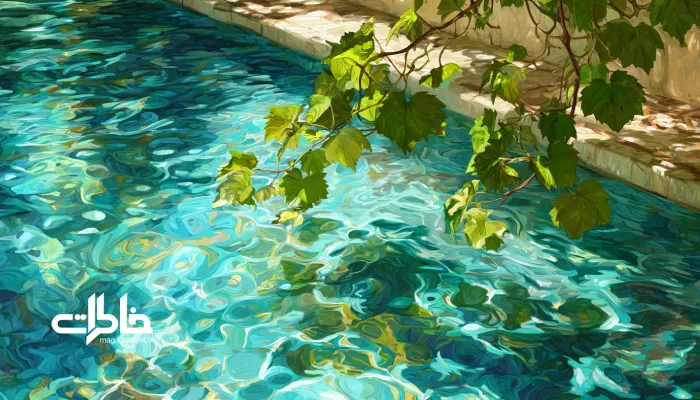 سایهٔ برگ‌های انگور روی سطح آب لرزان حوض؛ لکه‌های نور مثل ماهی شناور.آب حوض حیاط