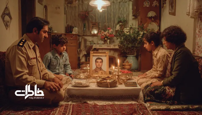 تصویر نمادین سفره هفت‌سین دهه ۶۰ با قاب عکس شهید، شمع روشن و فضای احساسی خانواده. نوروز دهه ۶۰ و ۷۰