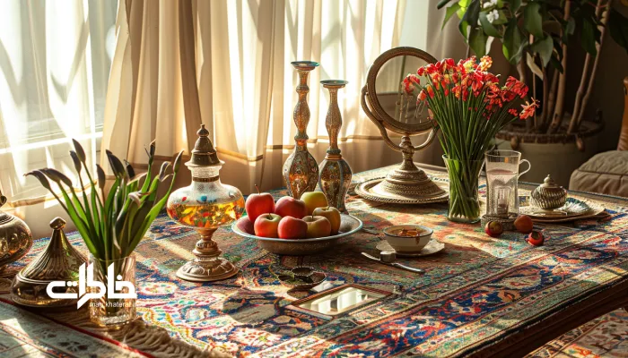 سفرهٔ هفت‌سین ایرانی با سبزه، سیب، سمنو، ماهی قرمز و آینه در نوری گرم و طبیعی؛ ترکیبی از سنت و زیبایی مدرن با گل سنبل و حال‌وهوای نوروزی.عید نوروز