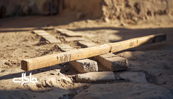 دو چوب ساده بر روی دو آجر خاکی در زمین غبارآلود، چیدمان بازی سنتی الک‌دولک در نور گرم عصرگاهی و فضایی نوستالژیک.الک‌دولک؛ بازی چوب و دویدن در کوچه‌ها