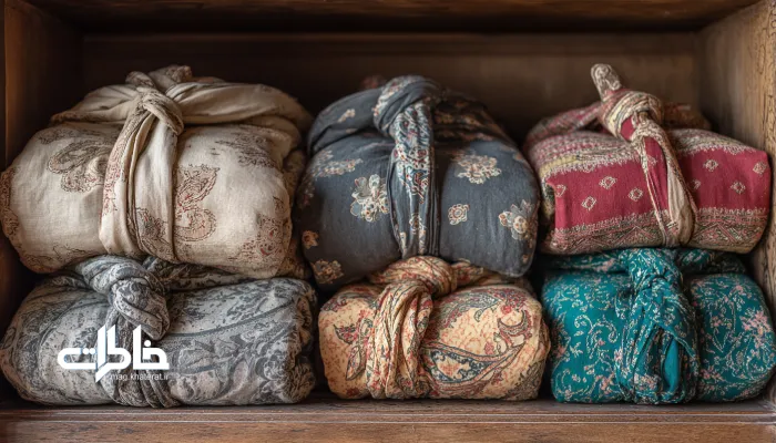بقچههای پارچهای ایرانی گرهخورده روی هم در کمد چوبی، با پارچههای گلدار و بتهجقهای و نور گرم روز