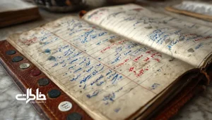 کلوزآپ از دفترچه تلفن چرمی بازشده روی میز چوبی با نشان‌گذاری حروف الفبا، شماره‌های دست‌نویس فارسی، و نقاشی‌های کودکانه در گوشهٔ صفحه.دفترچه تلفن چرمی