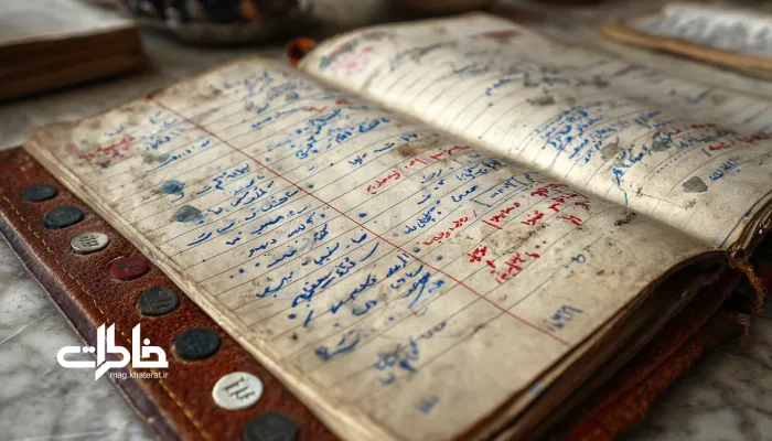 کلوزآپ از دفترچه تلفن چرمی بازشده روی میز چوبی با نشان‌گذاری حروف الفبا، شماره‌های دست‌نویس فارسی، و نقاشی‌های کودکانه در گوشهٔ صفحه.دفترچه تلفن چرمی