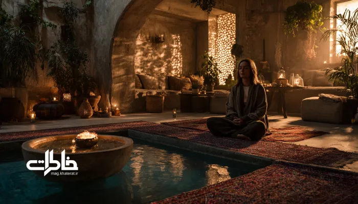 نشستن کنار آبنمای کوچک و مدیتیشن در فضای گرم و آرام خانه ایرانی؛ لحظهای از آرامش و حضور در لحظه.آب حوض حیاط