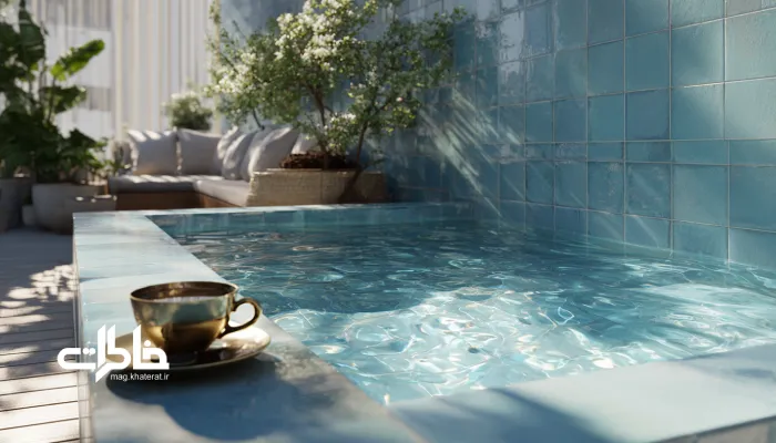 آبنمای کم‌صدا و حوضچه مینی‌مال در بالکن آپارتمان.حوض خانه‌های قدیمی.