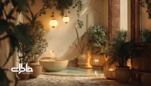 آبنمای کوچک و مینیمال با نور گرم در نشیمن خانه ایرانی؛ حس آرامش و زیبایی طبیعی.آب حوض حیاط