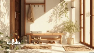 ورودی خانه ایرانی مدرن با جاکفشی چوبی باریک، نور ملایم و دمپایی‌های مرتب؛ فضایی آرام و دعوت‌کننده به احترام و صمیمیت. کفش جلو در