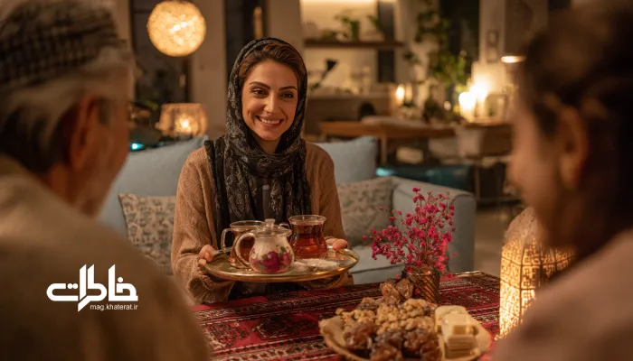 چای و آیین مهماننوازی ایرانی. پذیرایی چای در خانه ایرانی با سینی گلسرخی، خرما و لبخند میزبان؛ ترکیب سنت و مدرنیته در آیین مهماننوازی