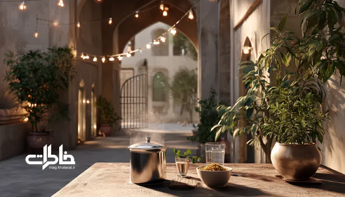 میزی ساده و شیک در حیاط ایرانی مدرن با دیگ نذری کوچک، نور گرم چراغها و فضای آرامِ ادای نذر در غروب. نذر و چراغانی
