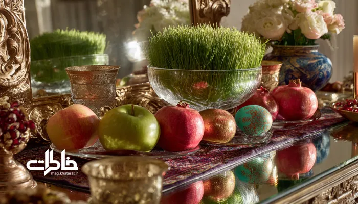 سبزه نوروز در مرکز سفره هفتسین با آینه، سیب و شمع؛ نماد رویش و بازگشت به زندگی.سبزههای عید