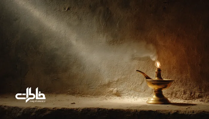 چراغ در شعر.چراغ نفتی روشن در تاریکی با نوری زرد و آرام روی دیوار گچی؛ نماد امید و گرما در شب ایرانی
