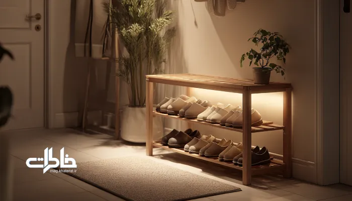 جاکفشی مرتب در ورودی آپارتمان ایرانی مدرن. کفش جلو در