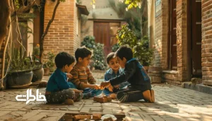 کودکان ایرانی در حیاط قدیمی در حال بازی گل یا پوچ با نور صبحگاهی و حس نوستالژی کودکی