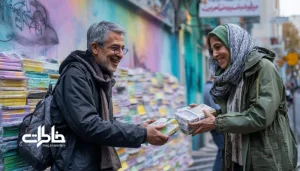 صحنه‌ای واقعی از اهدای لباس و کتاب توسط مردم ایرانی در کنار دیوار مهربانی با لبخند و نور طبیعی خنک