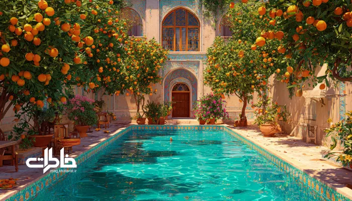 نگاره قاجاری حوض آب حیاط با بازتاب آسمان