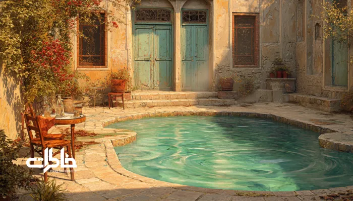 نور گرم و صدای آب در حیاط ایرانی؛ نسخه‌ای ساده برای دورهمی و آرامش خانواده.آب حوض حیاط