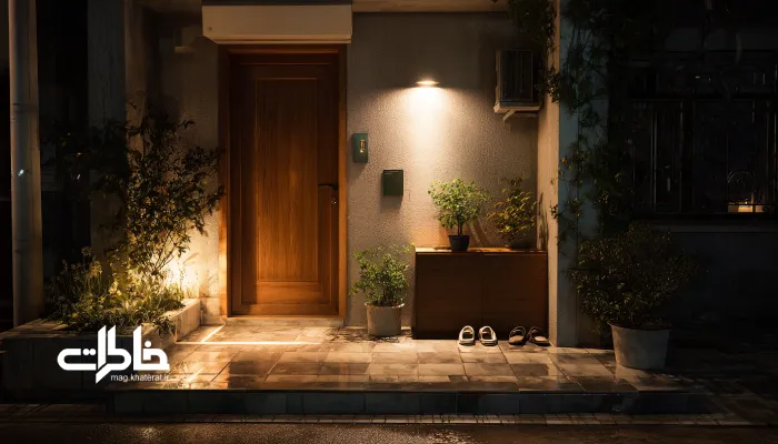 ورودی خانه ایرانی در شب با نور زرد ملایم، جاکفشی باریک و گیاه سبز در فضایی آرام و صمیمی. کفش جلو در
