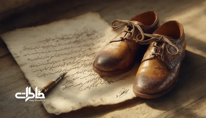 برگ شعر دست‌نویس کنار یک جفت کفش چرمی؛ پیوند شعر و سفر در ادبیات فارسی.کفش در ادبیات