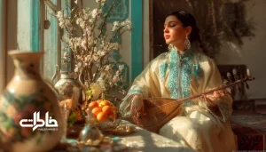 خواننده سنتی ایرانی با لباس سنتی در کنار سفره هفت‌سین و سبزه، در حال نواختن سه‌تار و اجرای آهنگ بهار دلکش؛ تصویری از موسیقی، فرهنگ و بهار ایرانی. سبزه در شعر