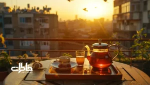سینی چای ایرانی روی میز بالکن با منظرهٔ غروب آرام و چای عصر جمعه