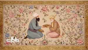 نگاره قاجاری از صحنه کمک و اطعام؛ فردی در حال دادن غذا به نیازمند با حس کرامت و مهر.نذر در ادبیات