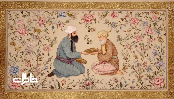 نگاره قاجاری از صحنه کمک و اطعام؛ فردی در حال دادن غذا به نیازمند با حس کرامت و مهر.نذر در ادبیات