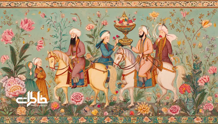 نگاره قاجاری وداع مسافران با اسب و کاسه آب و گل در دست بدرقه‌کننده.آیین بدرقه در شعر و ادبیات