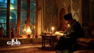 چراغ در شعر.فضای داخلی خانه‌ای قاجاری با چراغ نفتی روشن روی میز چوبی؛ مردی با لباس سنتی در نور زرد چراغ در حال خواندن کتاب، در حالی‌که از پنجره شیشه‌رنگی نور گرم بر دیوار گچی می‌تابد