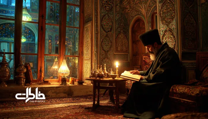 چراغ در شعر.فضای داخلی خانهای قاجاری با چراغ نفتی روشن روی میز چوبی؛ مردی با لباس سنتی در نور زرد چراغ در حال خواندن کتاب، در حالیکه از پنجره شیشهرنگی نور گرم بر دیوار گچی میتابد