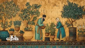 نقاشی قاجاری از زن و مردی در حال رسیدگی به باغچه و گیاهان سبز در حیاط خانه؛ رنگ‌های لاجوردی، سبز و کهربایی در سبک نگارگری ایرانی با حس زندگی و طبیعت.باغچه در شعر