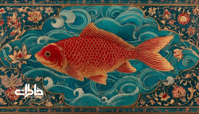 نقاشی سنتی به سبک قاجاری از ماهی بزرگ در آب لاجوردی با نقوش ایرانی و جزئیات طلایی؛ نمادی از زندگی و زیبایی در هنر ایرانی.ماهی قرمز در هفت‌سین