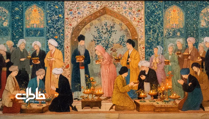 نگاره قاجاری از آیین نذر و چراغانی؛ جمعی از مردم در حال روشن‌کردن چراغ‌ها و نذر شمع با لباس‌های ایرانی.نذر در ادبیات