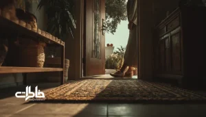 درآوردن کفش کنار درِ ورودی خانه؛ نور گرم و فضای آرام.روان‌شناسی آیین ورود