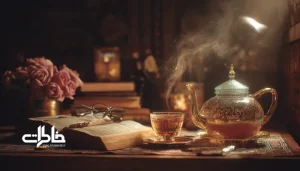 سینی چای گل‌سرخی روی میز چوبی با نور گرم و کتاب قدیمی؛ فضایی نوستالژیک و آرام برای خلوت با چای.فنجانی برای خودم: چای و لحظه‌های خلوت