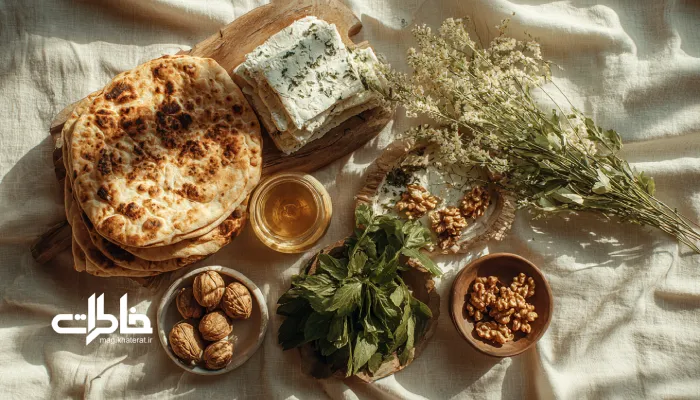 سفرهٔ صبحانهٔ مینیمال با نان تازه و چیدمان خانگی