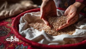 شروع کاشت سبزه عید با دست‌های ایرانی که گندم خیس‌خورده را در ظرف قرمز می‌پاشند؛ آغاز رویش و آیین نوروز.سبزه‌های عید