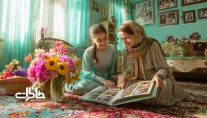 آلبوم عکس خانوادگی روی قالی ایرانی با کاغذ براق و دست‌های اعضای خانواده در حال ورق‌زدن؛ بازتاب نور گرم و حس نوستالژی در خاطرات تصویری