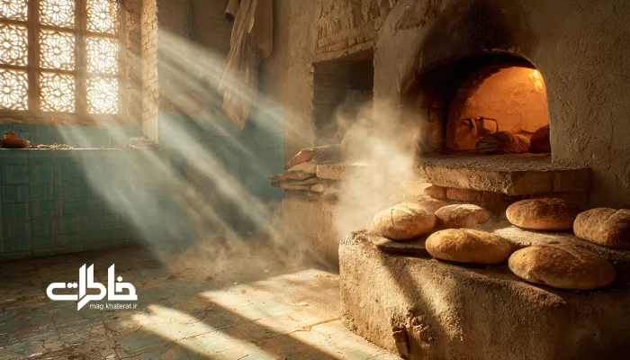 نانوایی سنتی با تنور روشن و بخار نان تازه در نور صبحگاهی. نان تازه داغ